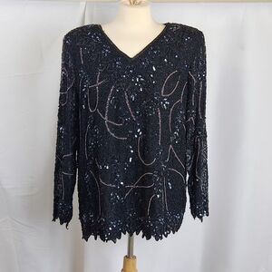 Vtg Blouse Silk Elegant Black Beaded Sequin Old Money Whimsigoth Dark Romance
